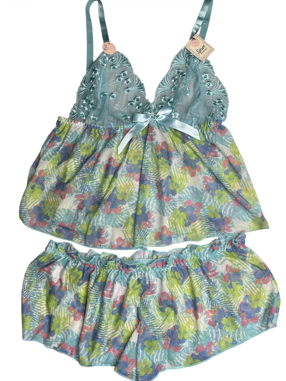Spree Intimates 2-Piece Tropical Mesh Babydoll Cami & Flippy Shorts Set Large